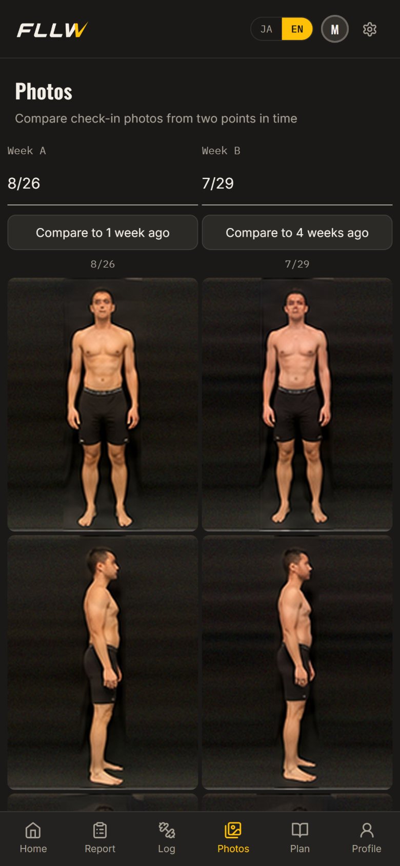Progress photos from two check-ins, shown side by side
