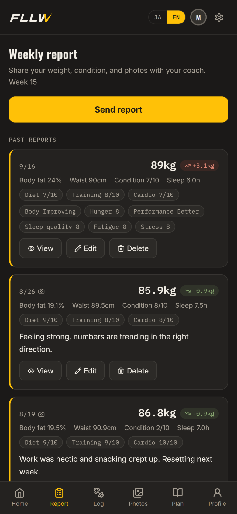 The client's weekly check-in screen with past check-ins showing weight, body fat, waist and self-scores