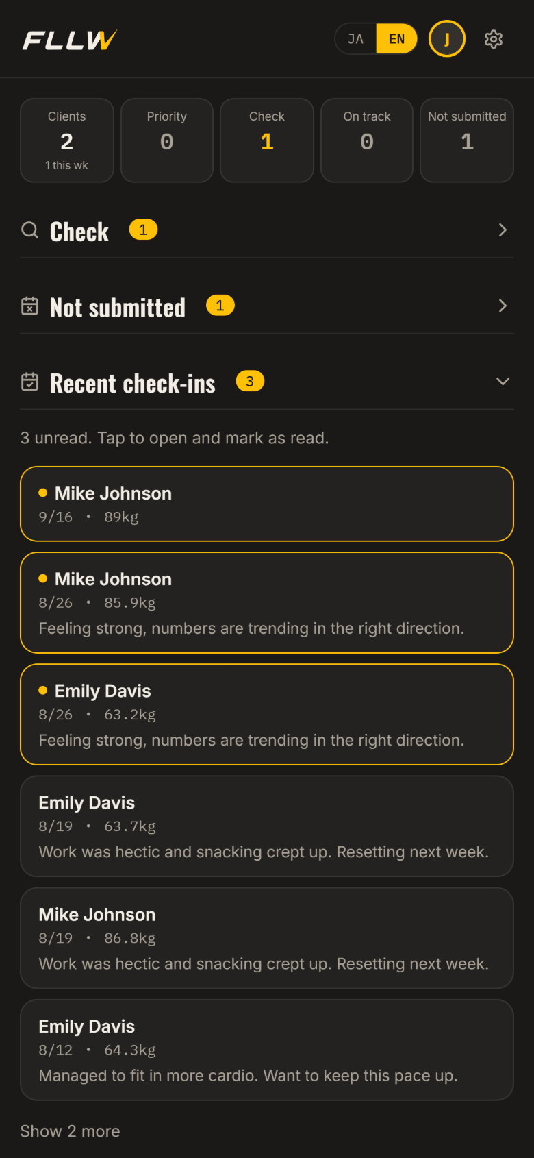 The coach's home screen. Clients are counted as Priority, Check, On track and Not submitted, with the latest check-ins listed below.